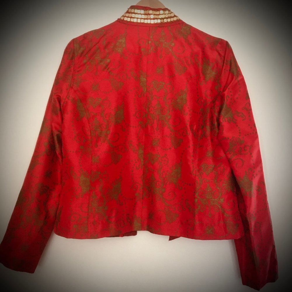 Chico's Silk Red & Gold jacket w/ beads- Sz 1 - Picture 5 of 6